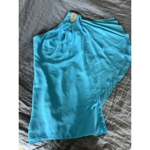 CACHE Size 0 single shoulder rhinestone style draped toga mini dress lagoon blue